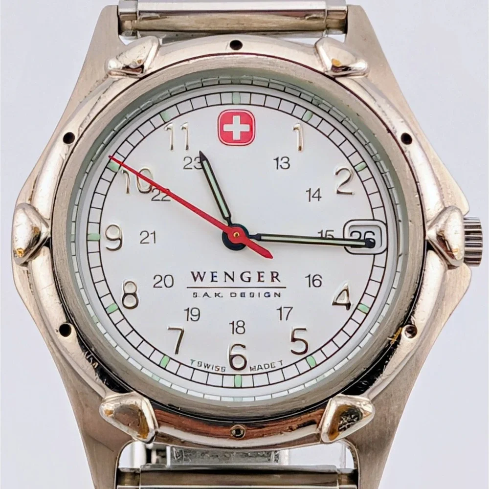 Wenger S.A.K. Design Vintage Swiss Quartz Date Watch White Dial Luminous 36mm